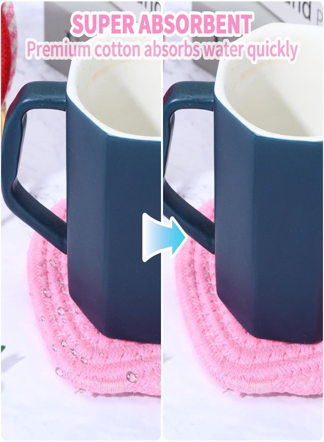 YONHTUTU Pink Heart Coasters Set of 4, Handmade Braided Cotton Cute Coasters with Holder, Valentines Drink Accessories for Home Restaurant Tea Coffee Bar Decoration Stocking Stuffers - Image 4